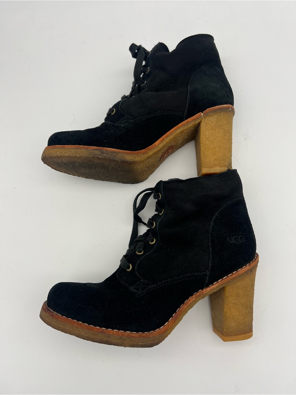 UGG Sofia black suede leather lace up boots chunky heel sheepskin women’s size 8 - Picture 4 of 8